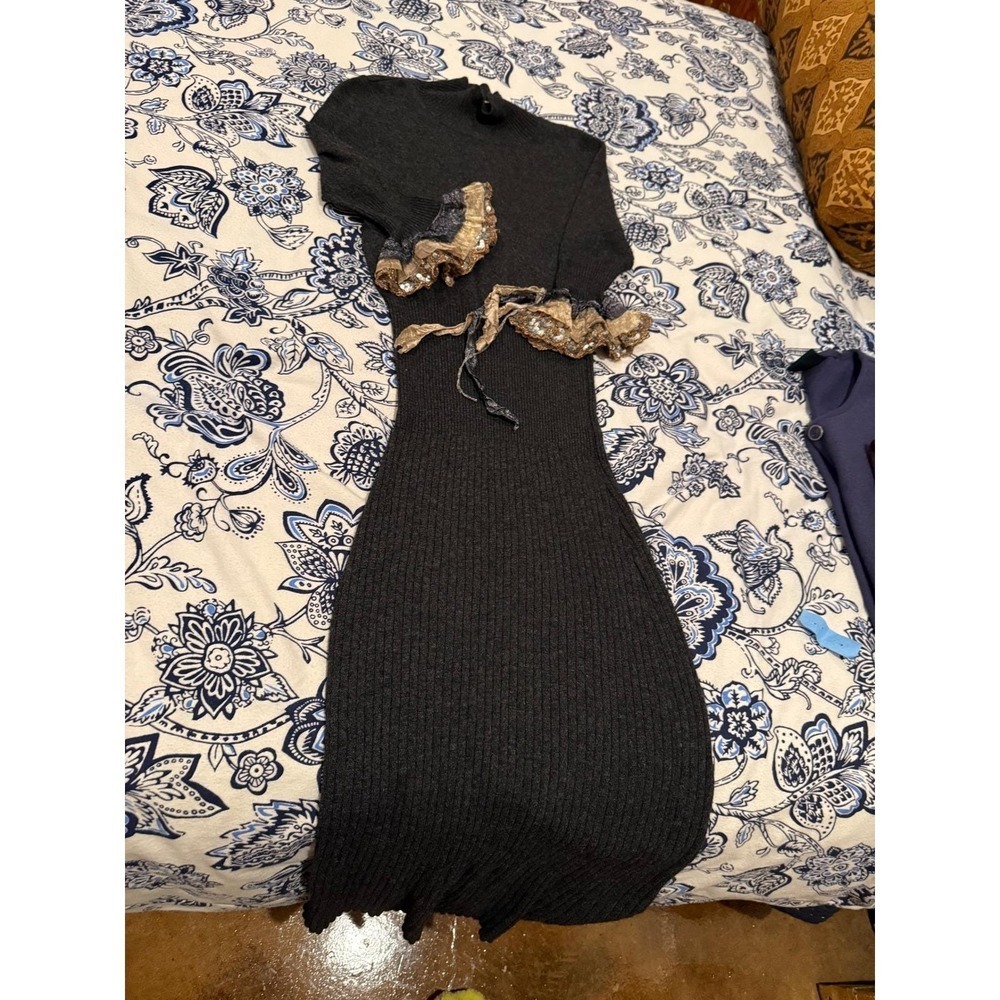 Vtg Charcoal Grey Ribbed Knit Maxi Dress Sequin Ruffle Cuffs Dark Romance Euro - Picture 13 of 15